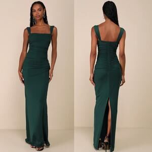 Lulus Amazing Presence Dark Green Mesh Ruched Column Maxi Dress Wedding Size S